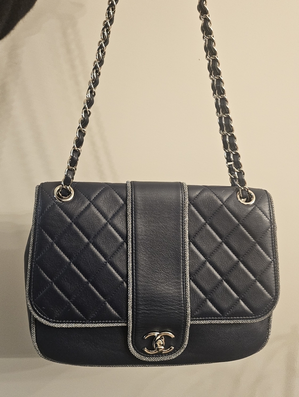 Chanel Navy Quilted Lambskin Flap Bag Silver Braided Trim Ruthenium Chain